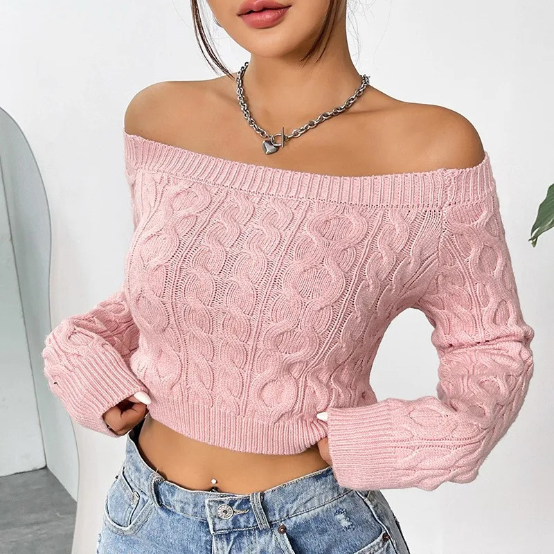 Autumn Womens Knitted Sweater Solid Color Sexy Short Style Autumn/Winter One Piece Neck Off Shoulder Knitted Sweater 250210