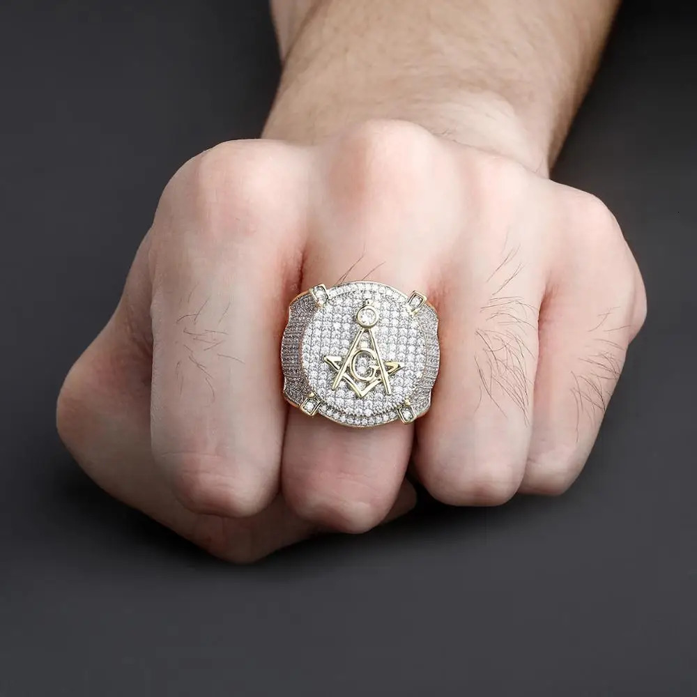 TOPGRILLZ Hip Hop Gold Color Plated Brass Iced Out Micro Pave Cubic Zircon Masonic Ring Charm For Men Gifts With 7 8 9 10 11 250214