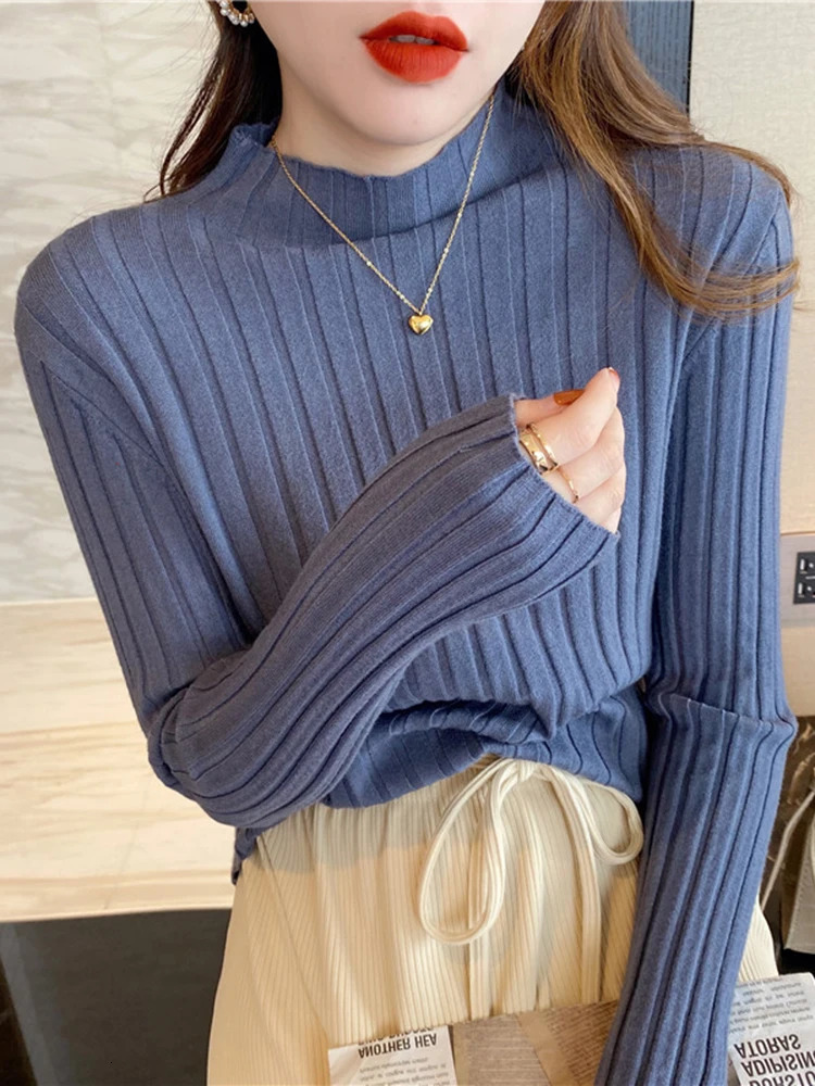 Autumn Winter Knitted Ribbed Turtleneck Sweater Women Clothes Long Sleeve Slim Basic Pullover Woman Sweaters Solid Tops 250211