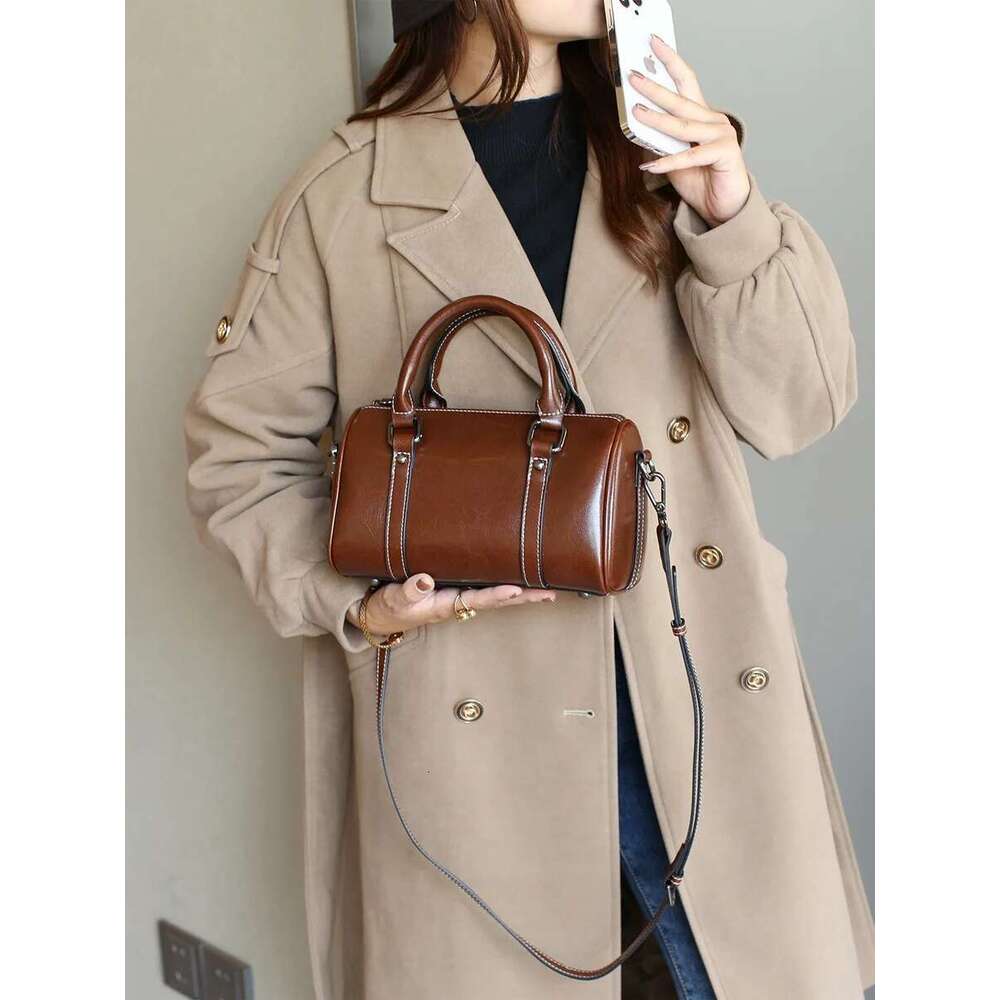 Wax Cowhide Crossbody Women's Bag Classic Texture Boston Pillow Bag