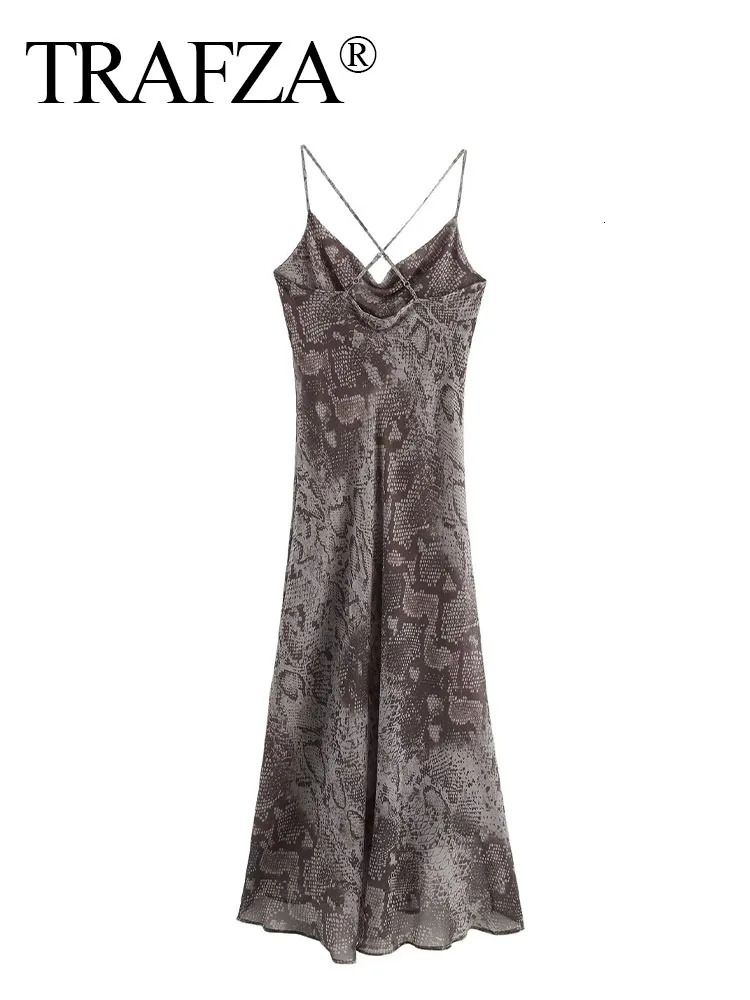 TRAFZA Fashion Female Chic Folds Decorate Slim Evening Dress Women Summer Printed Midi Dresses Sexy Sleeveless Backless Dresses 250213
