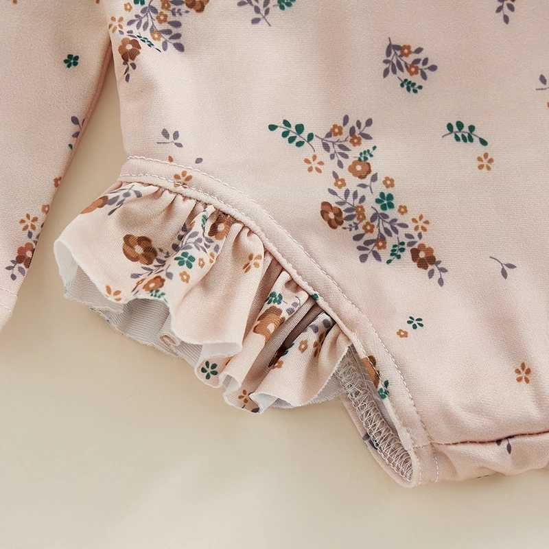 Kids Girl Summer Swimsuits Floral Print Long Sleeve Ruffles Jumpsuit Children Swimwear Beachwear Bathing SuitsXJ250214