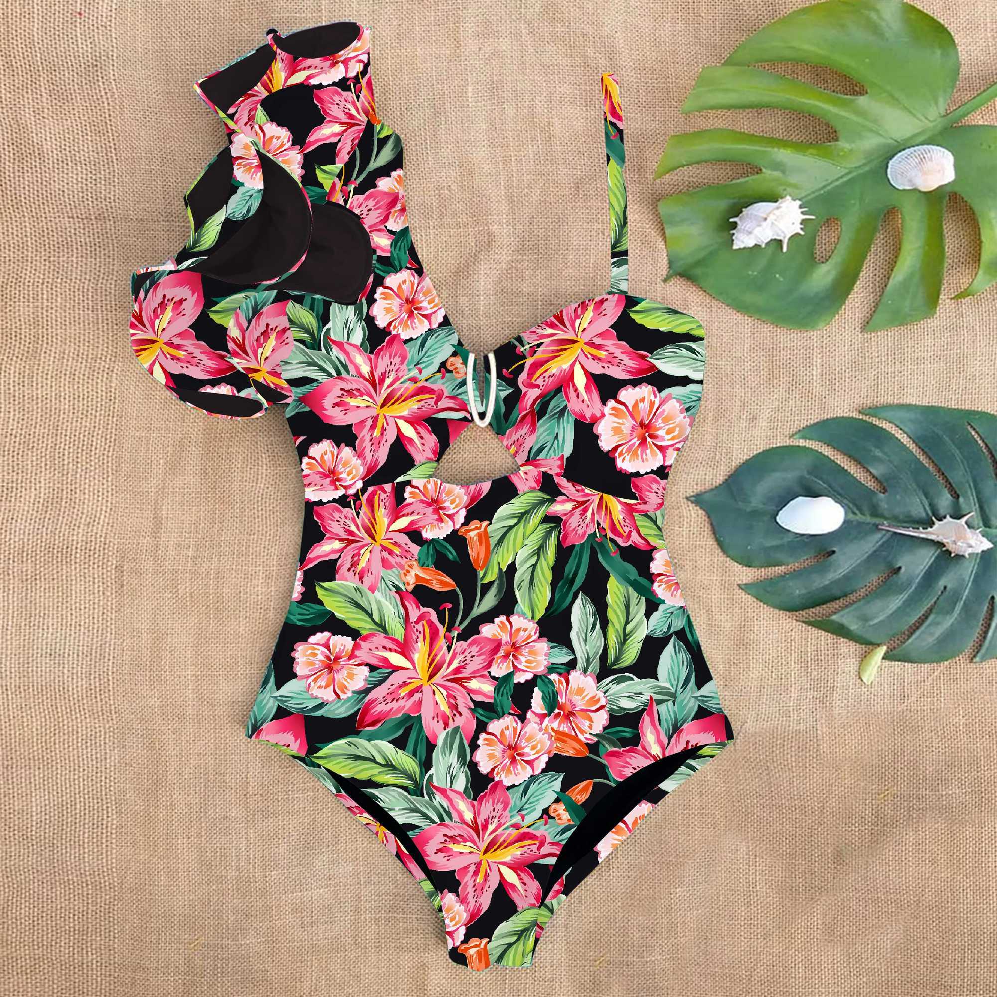2025 New Arrival Ruffle Swimwear Single Shoulder One Piece Swimsuit Women Floral Printed Tropical Summer Beach Bathing SuitW250214
