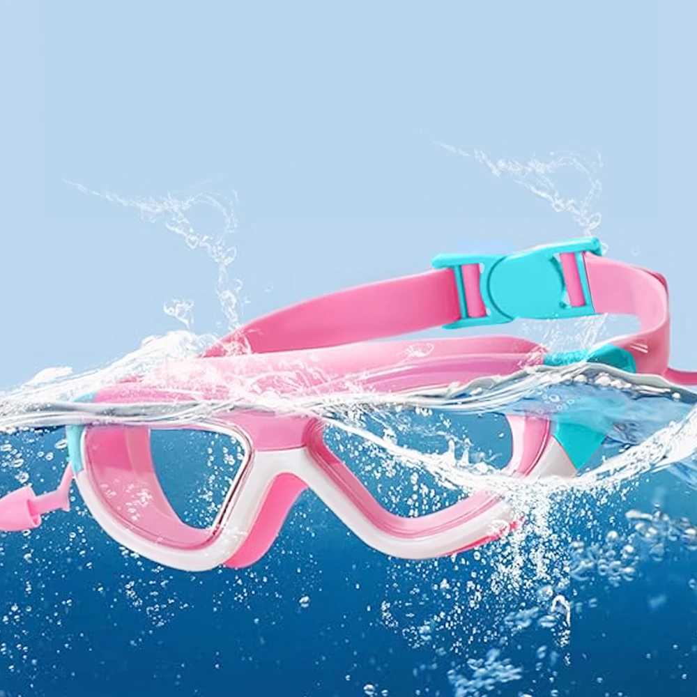 Childrens High-definition Waterproof And Anti Fog Swimming Large Frame Glasses Convenient Goggles Silicone Connected Earplugs Z250215