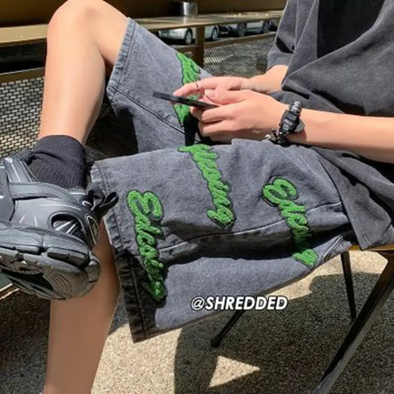 Mens Denim Shorts Embroidered Jeans Shorts Men Summer American Style High Street Water Wash Five-point Pants Y2K Clothes 250210