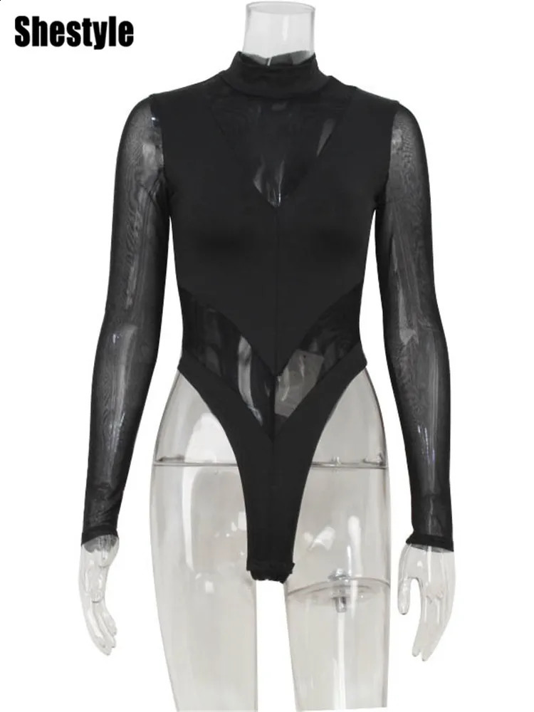 Shestyle Black Patchwork Women Bodysuits Spring Mesh Transparent Long Sleeve Thong High Waist TShirt Basic Sexy Streetwear 250213
