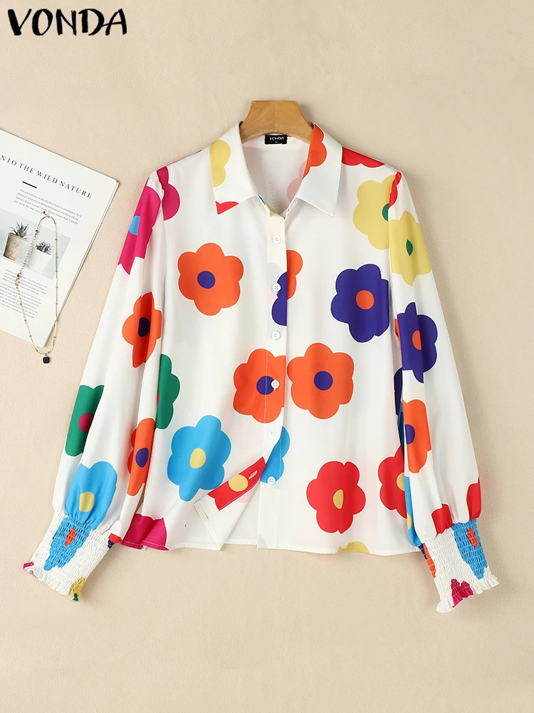 Plus Size 5XL VONDA Casual Floral Printing Loose Tops Women Shirts Lapel Collar Blouses Top Lantern Long Sleeve Tunic 250210