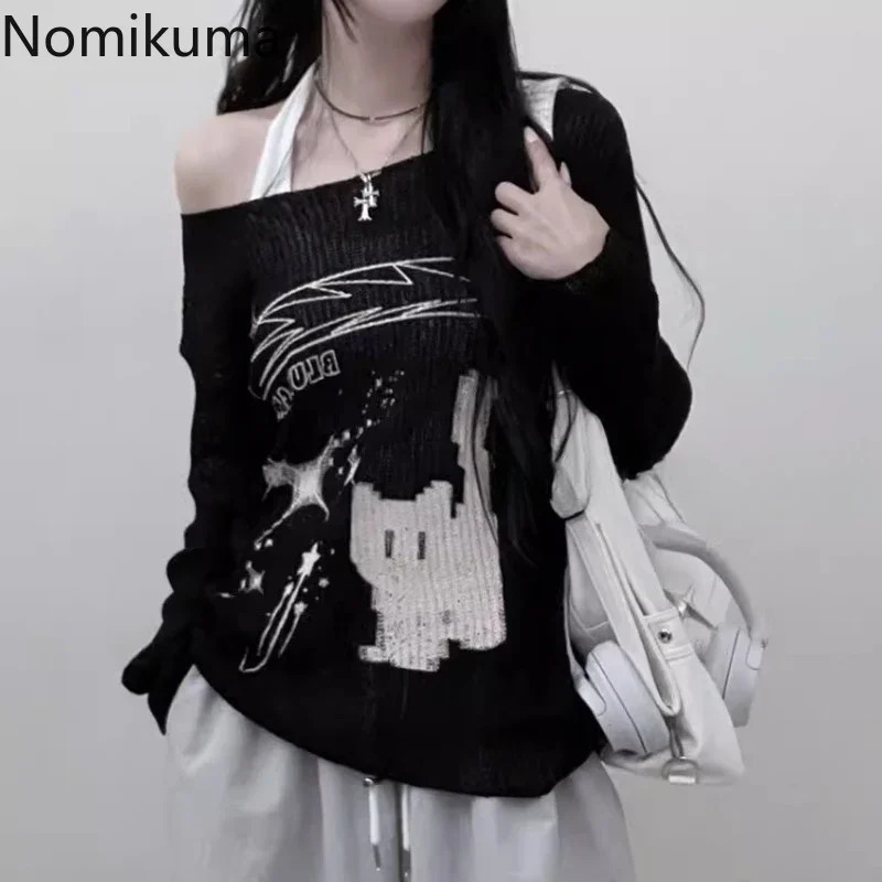 Streetwear Pullovers Womens Clothing Slash Neck Long Sleeve Jumper Pull Femme Off Shoulder Chic Knit Sweater Tops Sueter Women 250210