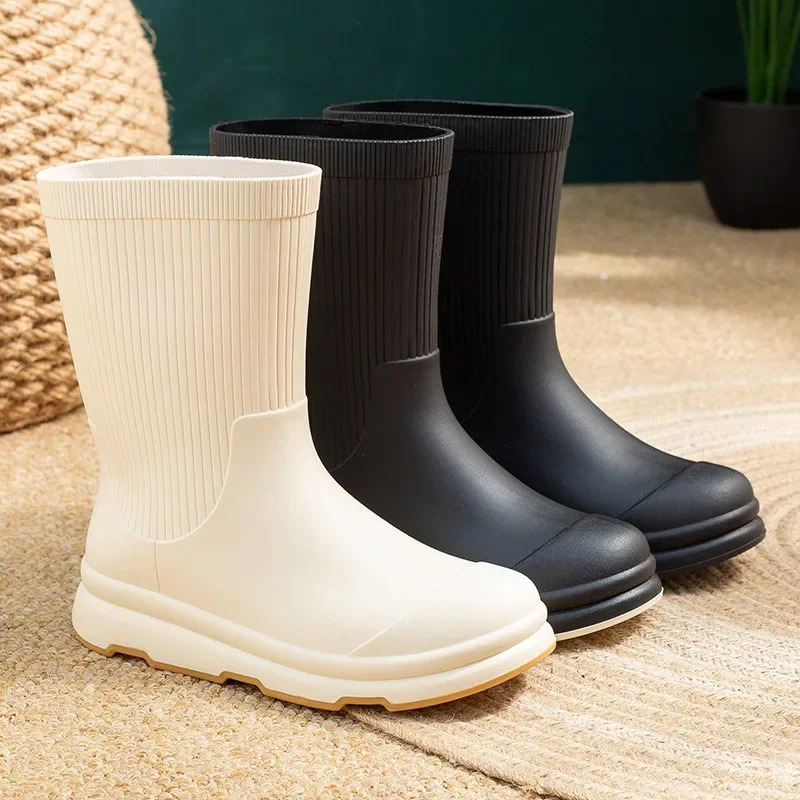 Womens rain boots fashionable mid calf rubber boots waterproof garden boots womens winter warm cotton rain boots Botas Lluvia Mujer 250213