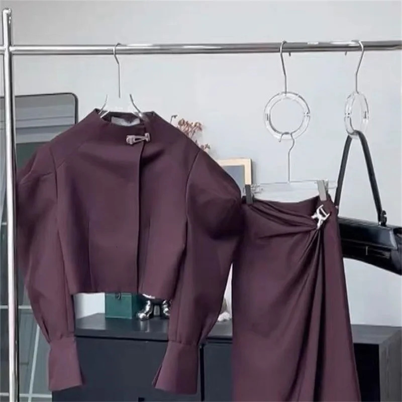 Autumn Fashion er Womens Skirt Suit Elegant Office Lady Solid Color Short Jacket Fold Long Skirt Two-Piece Set J309 250210