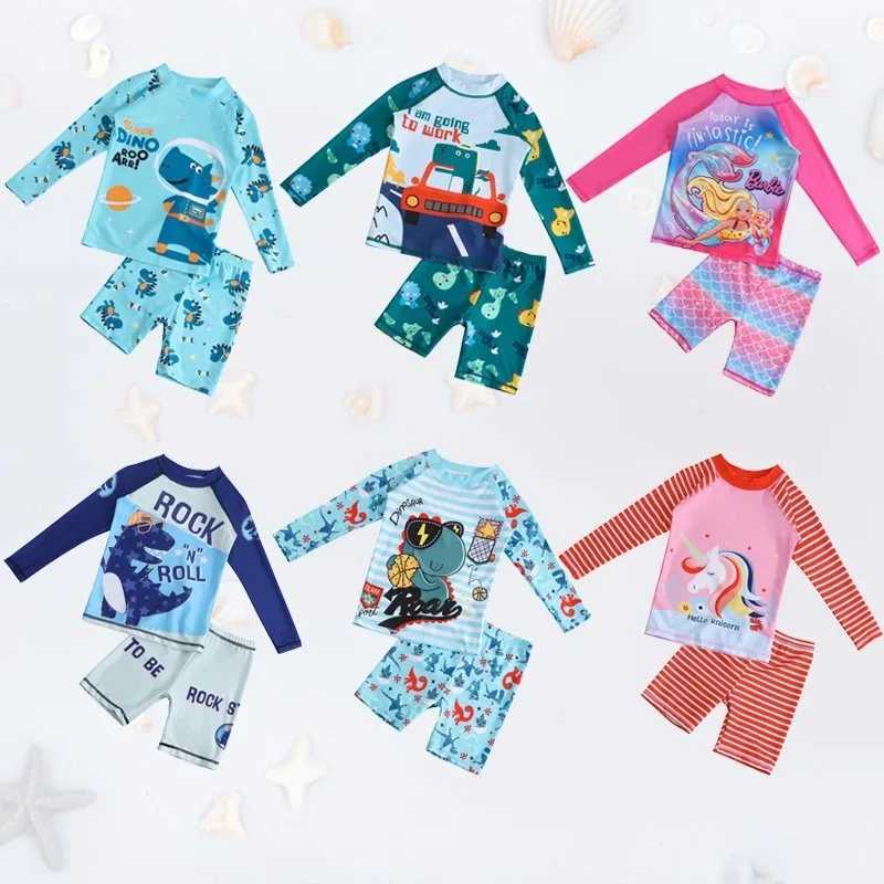 Children Boy Girl Swimsuit Swimwear 2pcs Quick Drying Sun Protection Dinosaur Print Long Sleeves Bathing Suit Swimming CostumeXJ250214