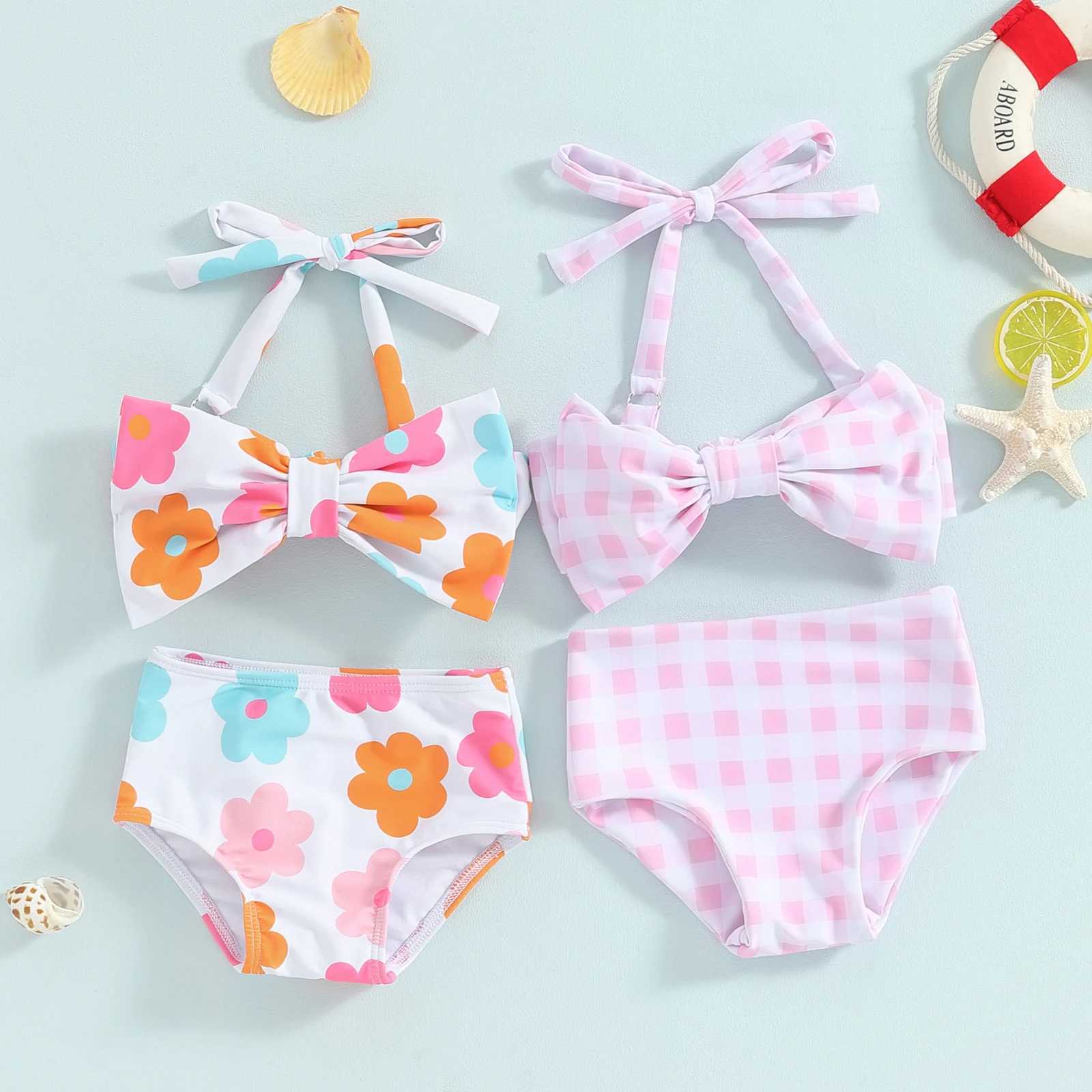 2024 New Little Baby Girls Summer Bikini 2 Pcs Set Toddler Flower/Plaid Print Sleeveless Bow Bikini Tops with Shorts SwimsuitXJ250214
