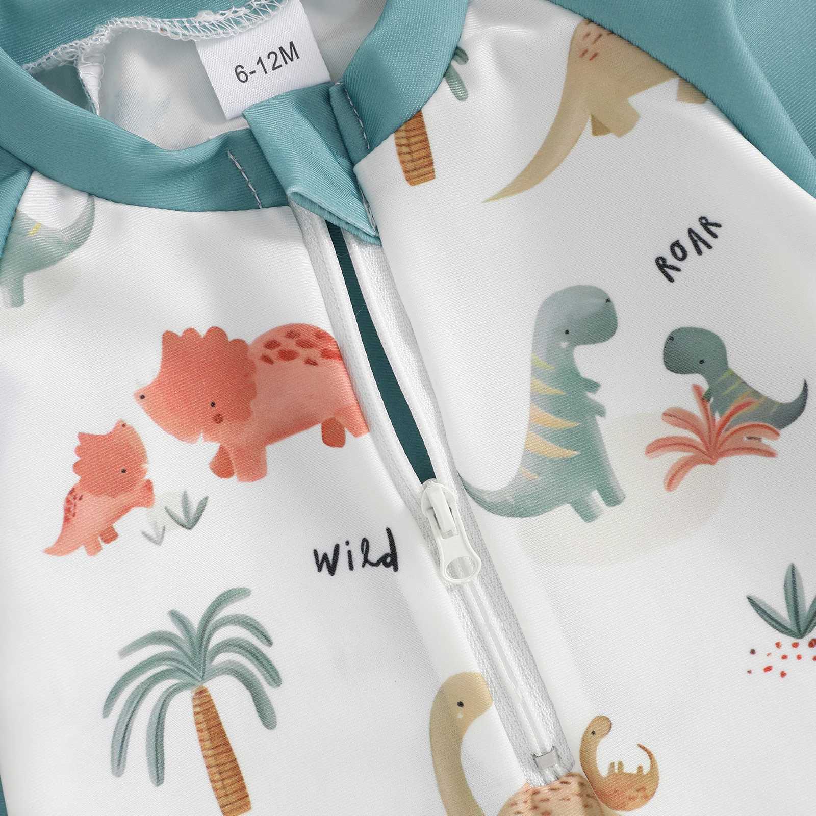MISOWMNJOY Summer Baby Long Sleeve Swimwear Fashion Toddler Boys Rash Guard Swimsuit Dinosaur Print Zip Beachwar with Swim CapXJ250214