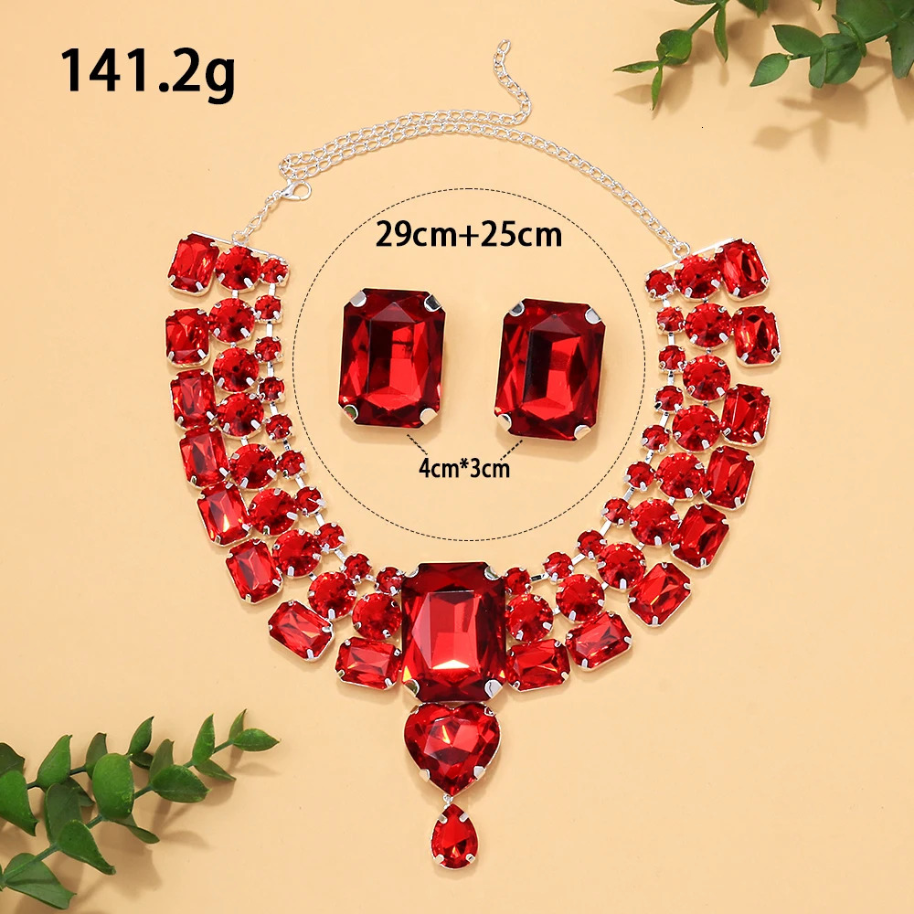 Stonefans Red Exaggerate Necklace Earring Set Wedding Accessories Geometric Rhinestone Nigeria Bridal Jewelry Set 250213