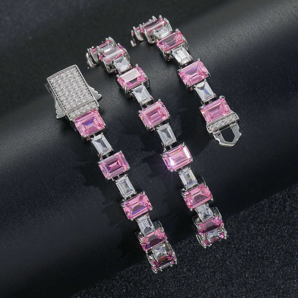 Hip hop pink color blocked square Moissanite simple tennis personalized moissanite collarbone chain hip-hop trendy brand necklace