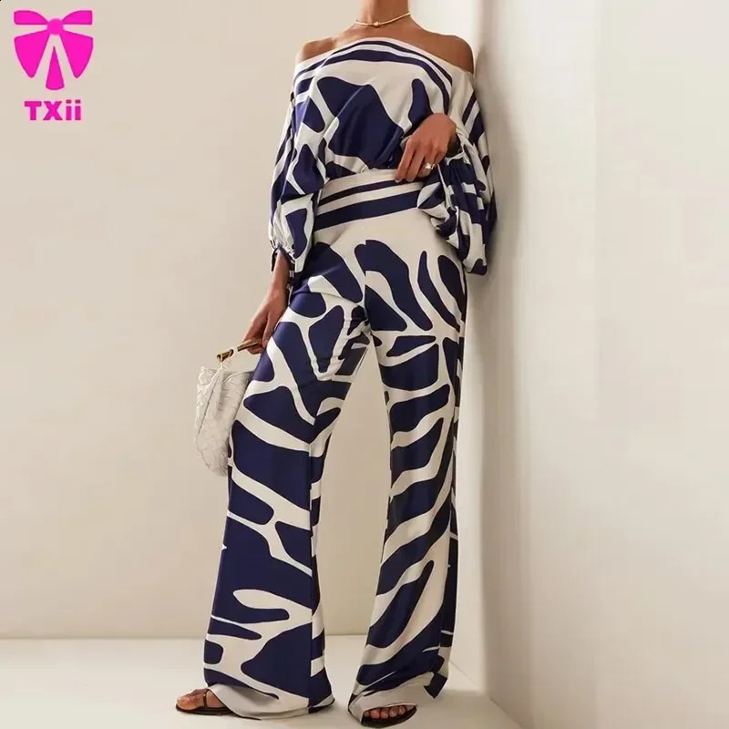 Office Womens 2-piece Set Casual Wide Leg Pants Set Printed Satin Set Lantern Sleeves Off Shoulder Long Sleeve 250210