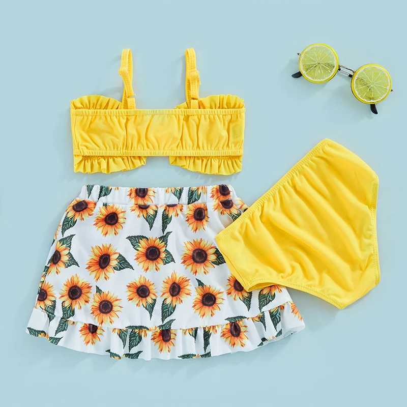 9M-4T Kids Girls Swimwear and Cover Up Summer Floral/Tie Dye Print Camisole Bra Elastic Shorts and Ruffle Skirt 3-Piece SetXJ250214