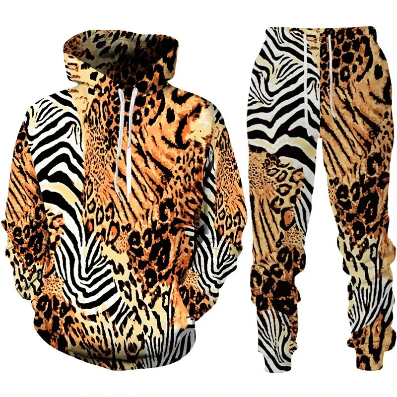 3D Leopard Print Mens Hoodie Pants 2Pcs Outfits Casual Men Women Hooded Sweatshirt Sets Autumn/Winter Oversized Tracksuit Suits 250214