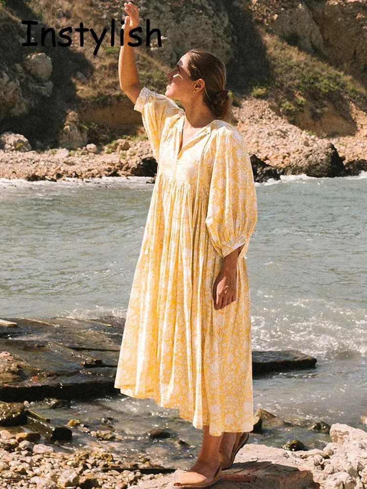 Womens Spring/Summer Printed Maxi Dress Elegant Bohemian Harajuku Loose Sundress Casual Beach Party Dress y2k Vestdos 250213