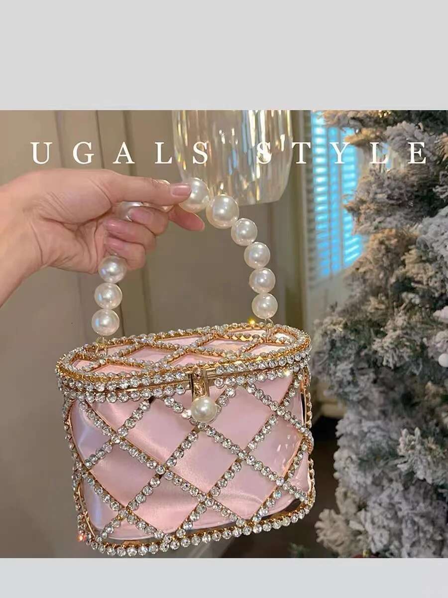 Metal Cage Crystal Dias Evening Hollow Out Pearl Beaded Women's Handbag Wedding Party Clutch Purse Crossbody Bag