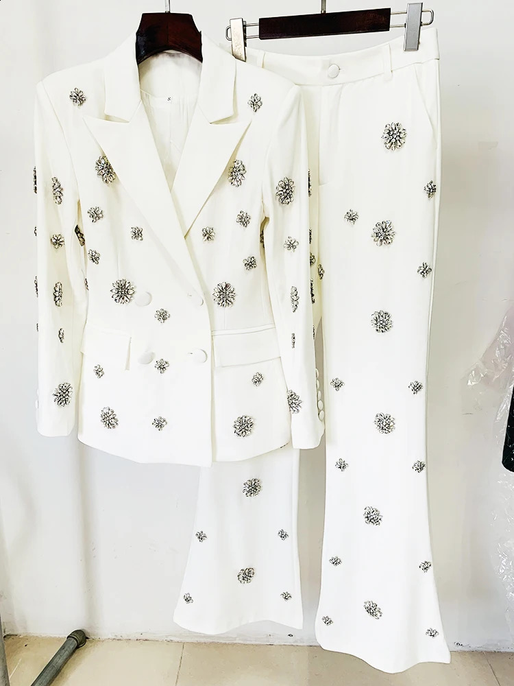 HIGH STREET est Fashion Suit Set Womens ious Rhinestone Diamonds Beaded Blazer Flare Pants Suit 2pcs 250210
