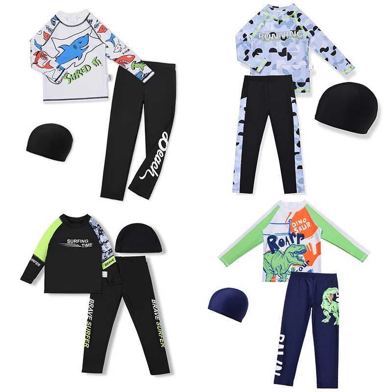 3 Pcs Boy Swimsuit Sun Protection UPF 50+ Long Sleeve Swimming Sunsuit With Hat Split Bathing Suits Children Swim PantsXJ250214