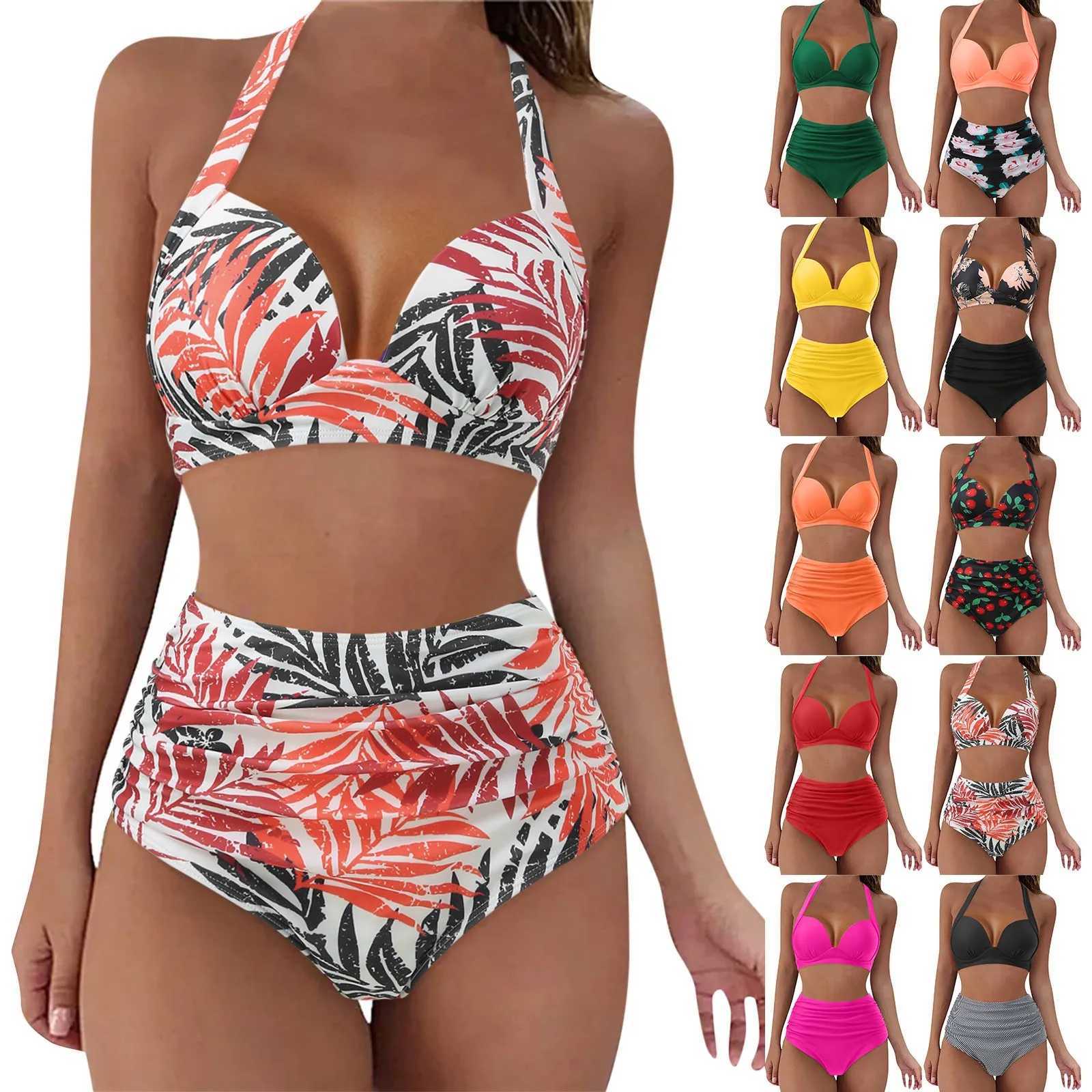 Fashion swimsuit womens 2-piece suspender high waist split Tankini beach clothing summer print party conservative swimsuitW250214