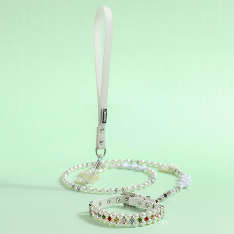 Fashion Pearl Dog Collar with Colorful Zircon Decoration,Collar Leash Set for Cat Dog, Cat Princess Neck Decoration, Adjustable Pet Collar for Small M