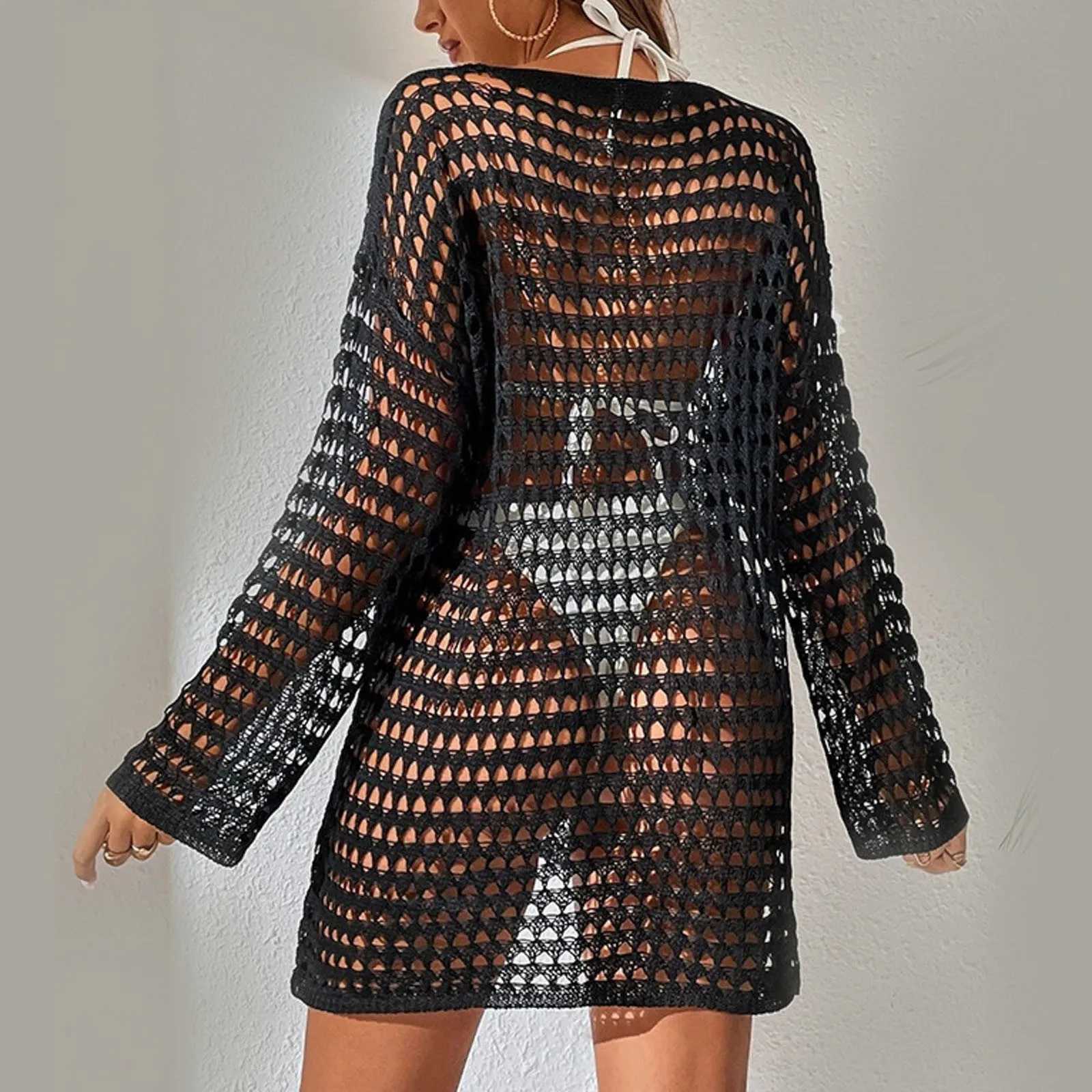 Sexy knitted hollow beach cover round neck long sleeved bikini swimsuit cover womens swimsuit coverW250214