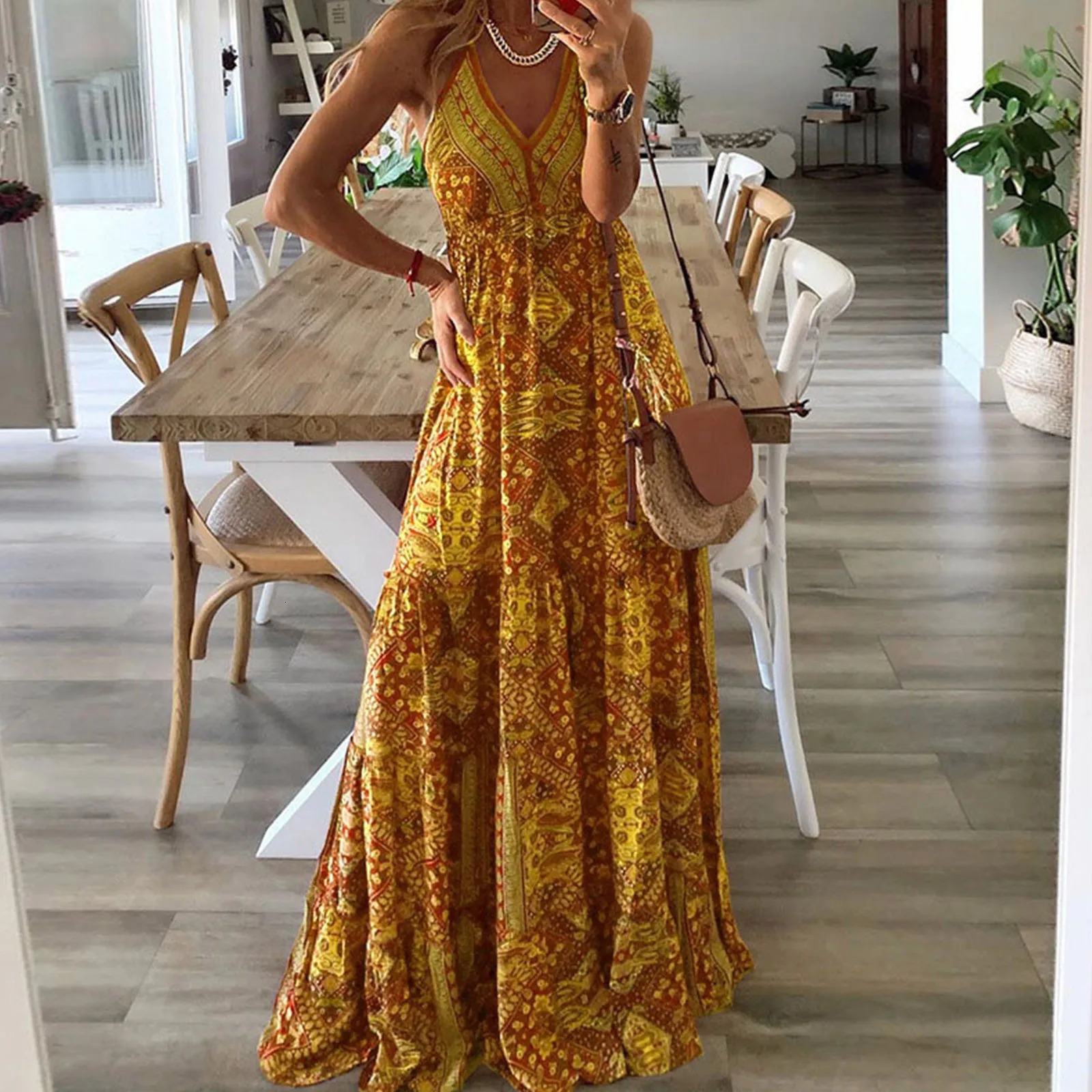 Womens Bohemian Beach Long Dresses Elegant Spaghetti Strap Ethnic Style Maxi Dress Summer V Neck Tunic Sling Dress Womens Clothing 250213