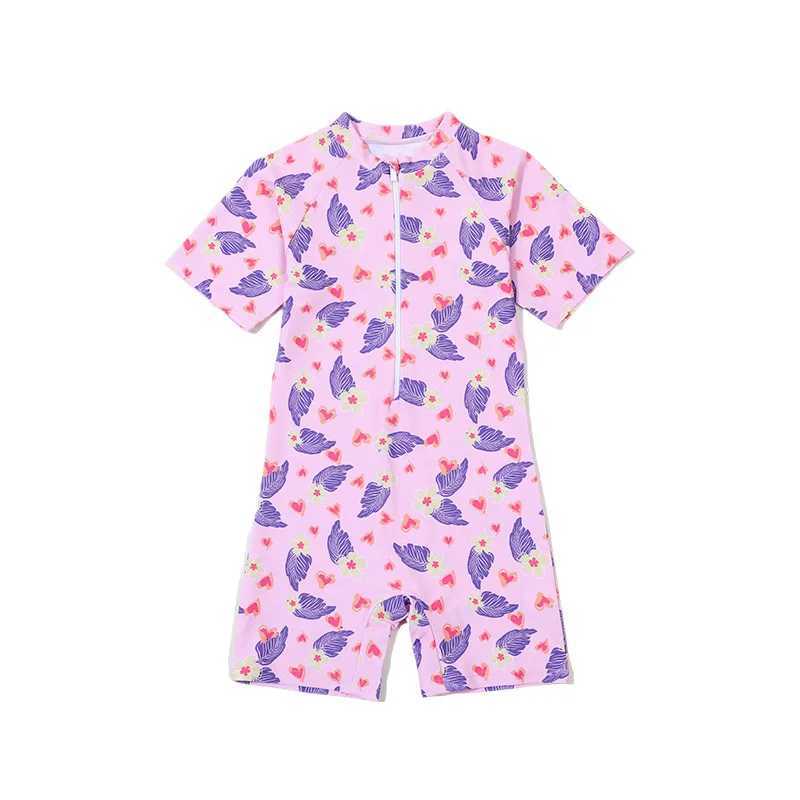 Leaf Print One Piece Girls Swimwear Kids Short Sleeve Swimsuit With Front Zipper Summer Children Swimming Suit BeachwearXJ250214