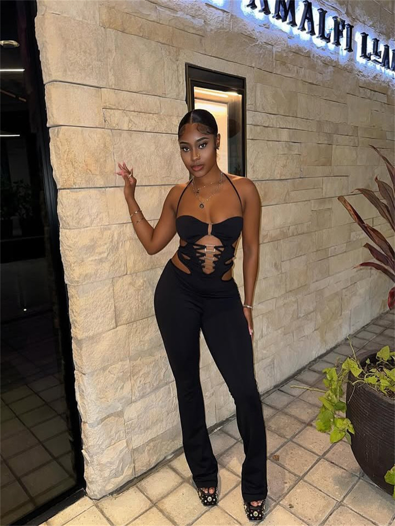K233 Fashion trend slim sexy halter neck tie design backless jumpsuit