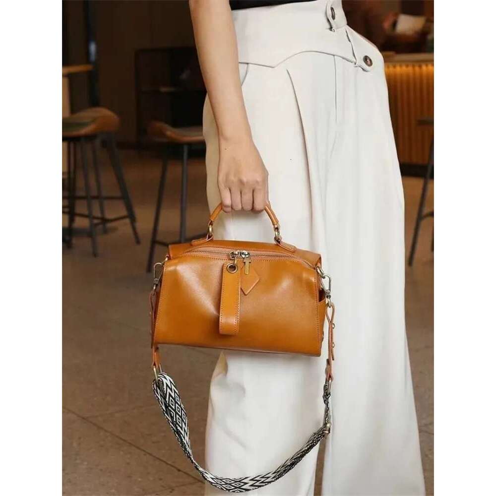 Office Ladies Design Casual Boston Pillow Bag Genuine Leather Handbag Tote Women Vintage Single Shoulder Zipper Genuine Leather