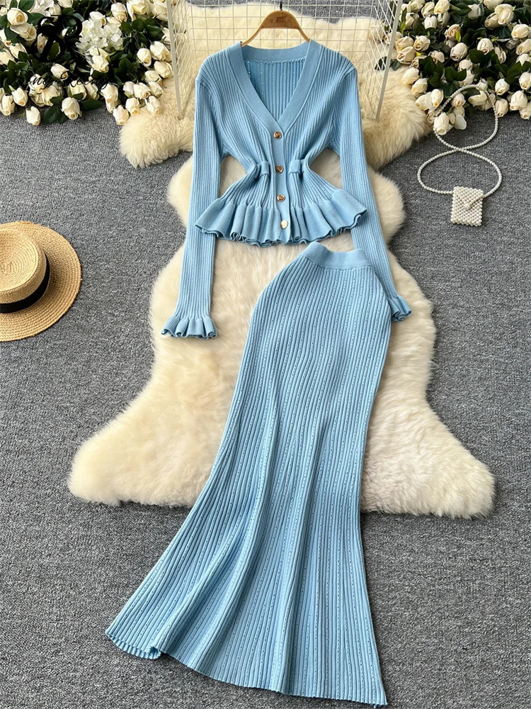 SINGREINY Korean Gentle Slim Two Pieces Sets Women Single Breasted V-Neck CardiganHigh Waist Bodycon Mermaid Skirt Knitted Sets 250210