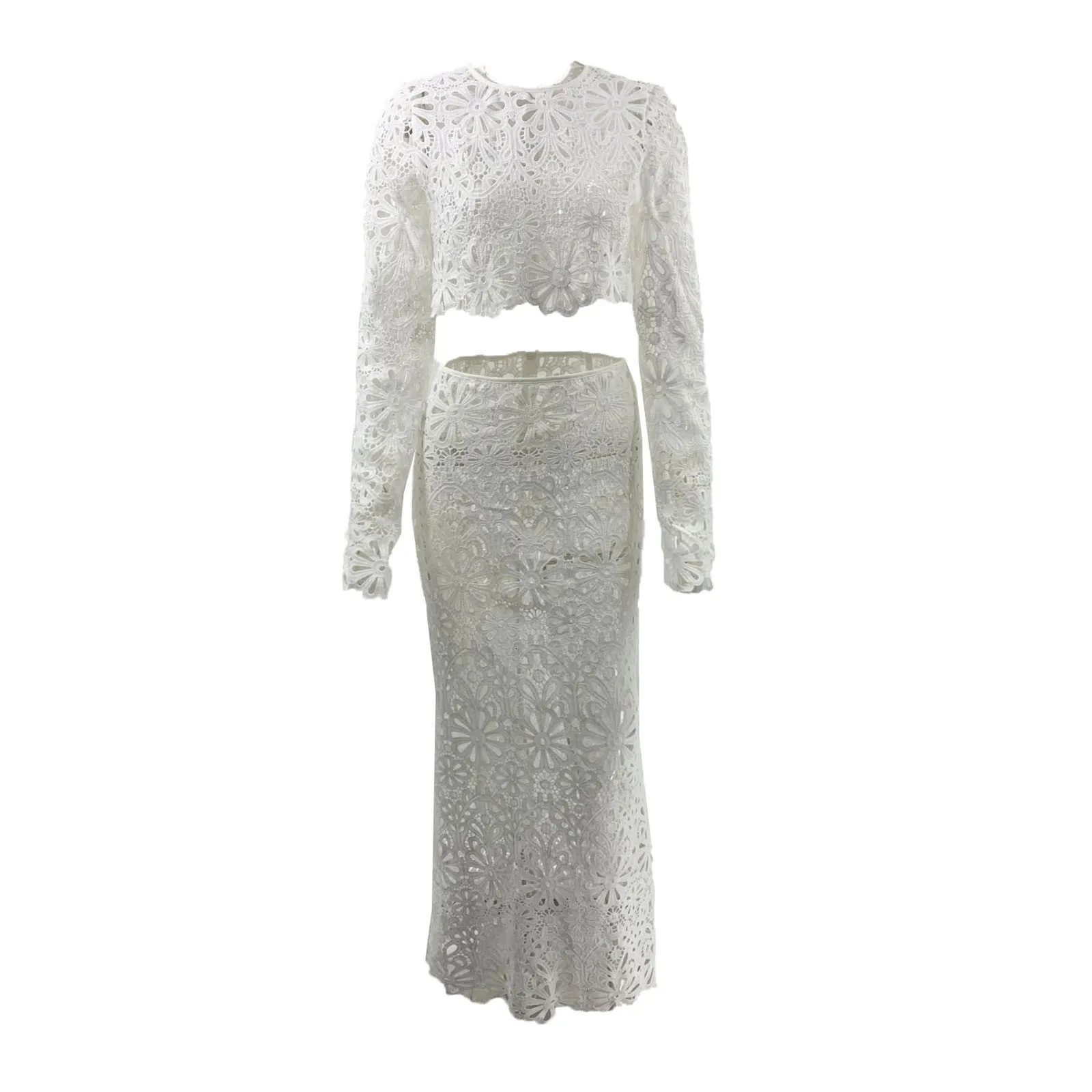White Elegant y Hollow Out Beach Dresses Set Sexy See Though Crop Tops Long Skirts Women Sets Summer Outfits 250214