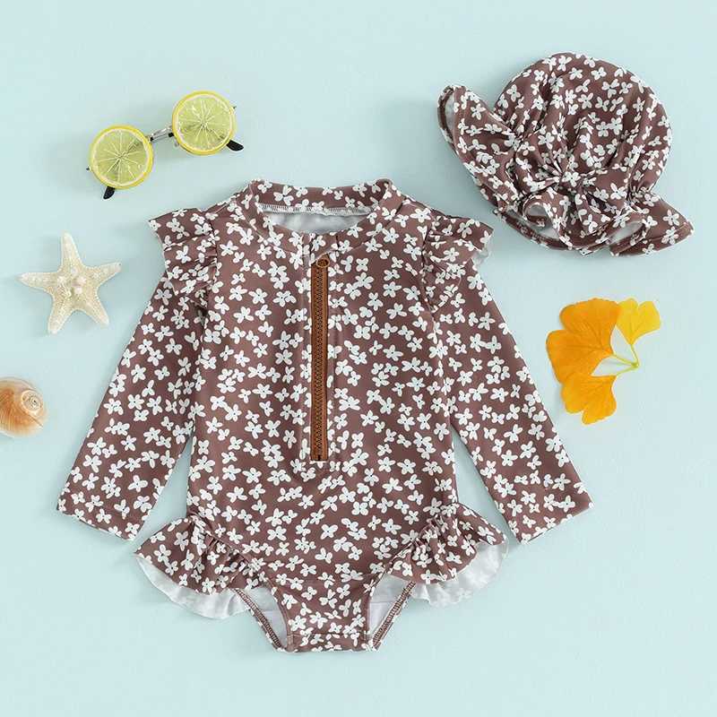 Baby Girls Bathing Suit Outfits Round Neck Flower Print Long Sleeve Zipper Swimsuit and Swim Cap Toddler Baby Beach Wear SetXJ250214
