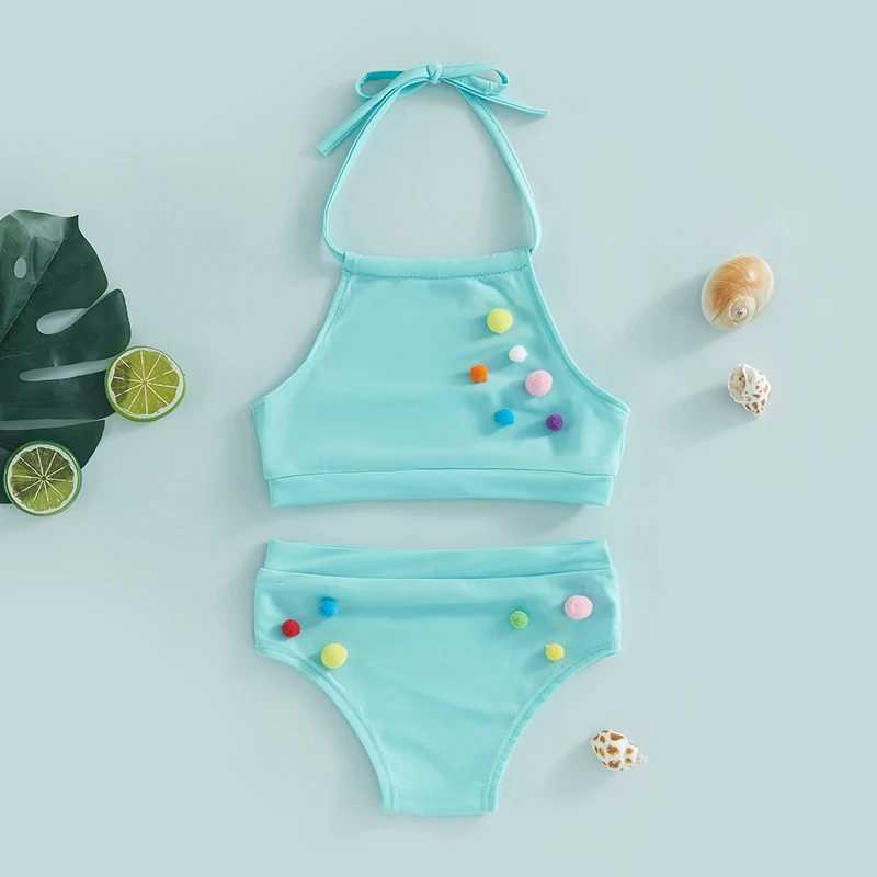 Yiiciovy Kids Baby Girls 2pcs Bikini Sets Swimsuits Summer Plush Ball Sleeveless Bandage Halter Tops + Beach Shorts Swimwear SetXJ250214