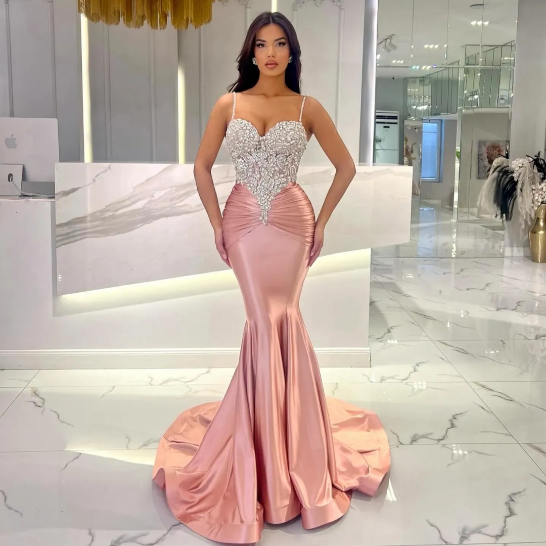 Beaded Spaghetti Straps Mermaid Prom Dresses Crystals Beading Pink Satin Long Evening Gowns Modern Shiny Pageant Dress 2025