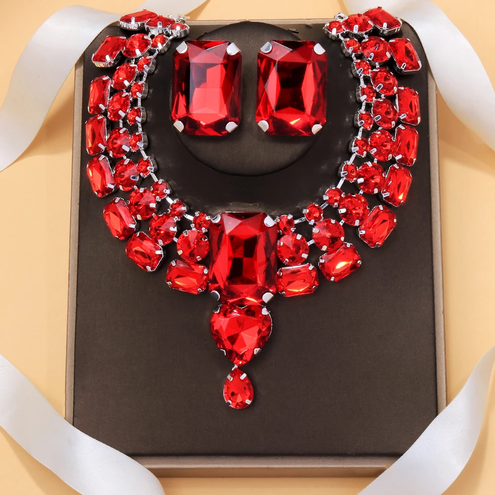 Stonefans Red Exaggerate Necklace Earring Set Wedding Accessories Geometric Rhinestone Nigeria Bridal Jewelry Set 250213