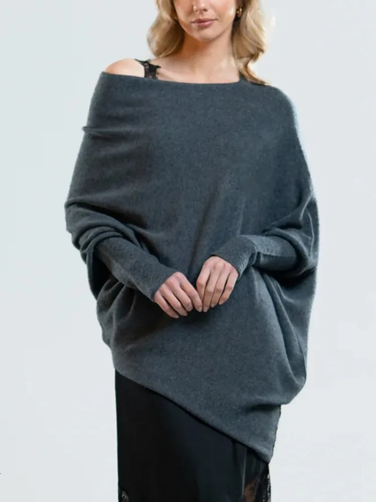 Womens Long Sleeve Neck Tunic Knitted Tops Autumn Winter Solid Loose Pullover Sweaters Off Shoulder Sweater Slash Neck Top 250210