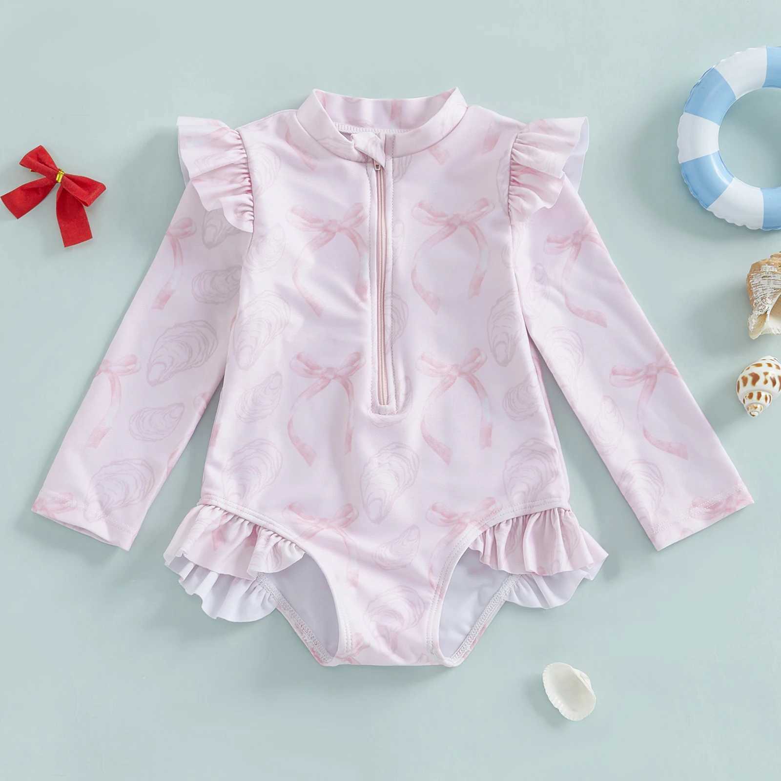 Princess Bow Print Toddler Girls Beach Wear Kids Rash Guard Swimsuits Zip Up Long Sleeve Stand Collar Baby Girls SwimwearsXJ250214