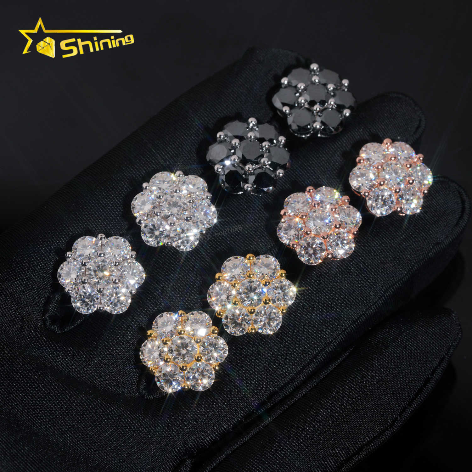Hot Sale Design Gold Plated Flower Set Lab Diamond Moissanite S925 Sterling Silver Iced Out Jewelry Stud Earrings Men Women