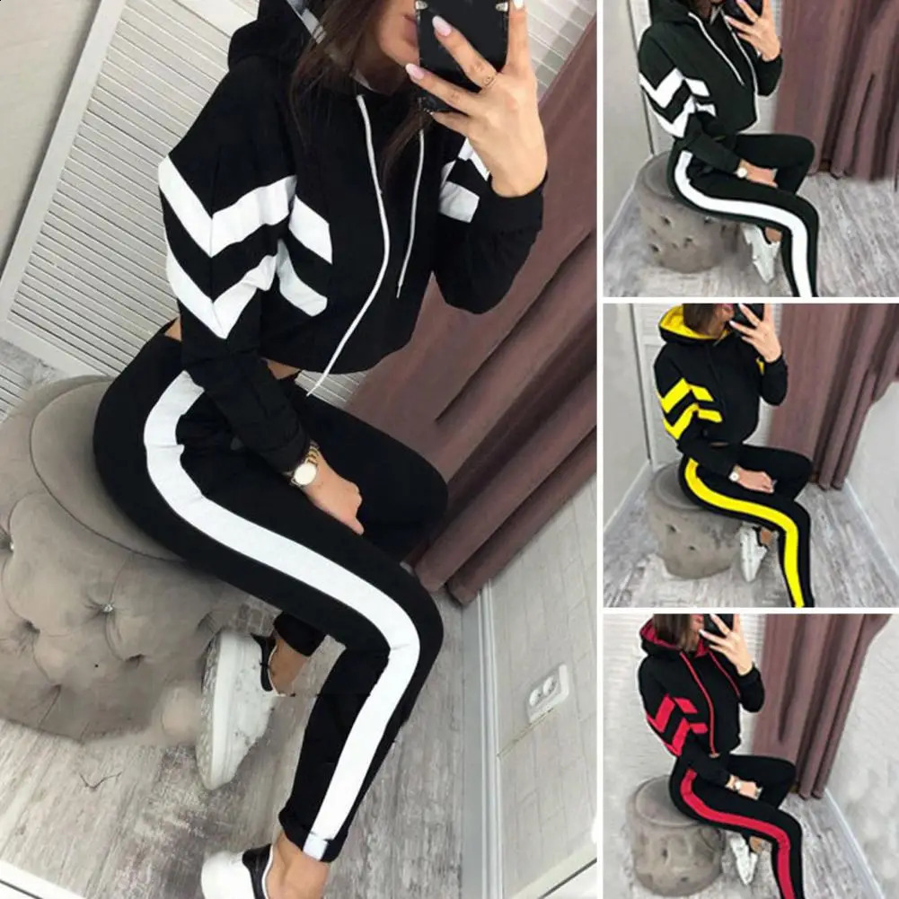 Women Sportswear Set Tracksuit Contrast Color Europe America Drawstring Ribbed Cuff Sportswear Set Women Outfit Keep Warm 250210