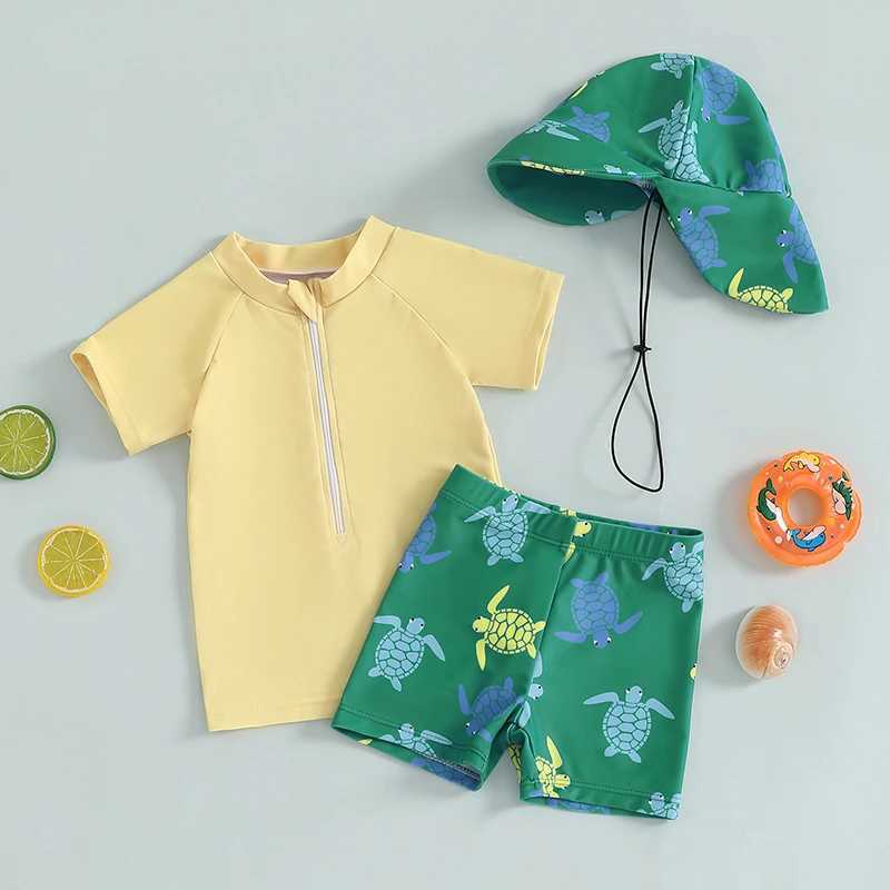 Toddler Boys Rash Guard Set 3 Piece Swimsuit Suit Short Sleeve Tops Turtle Print Swim Trunks Swim Cap Bathing SuitXJ250214