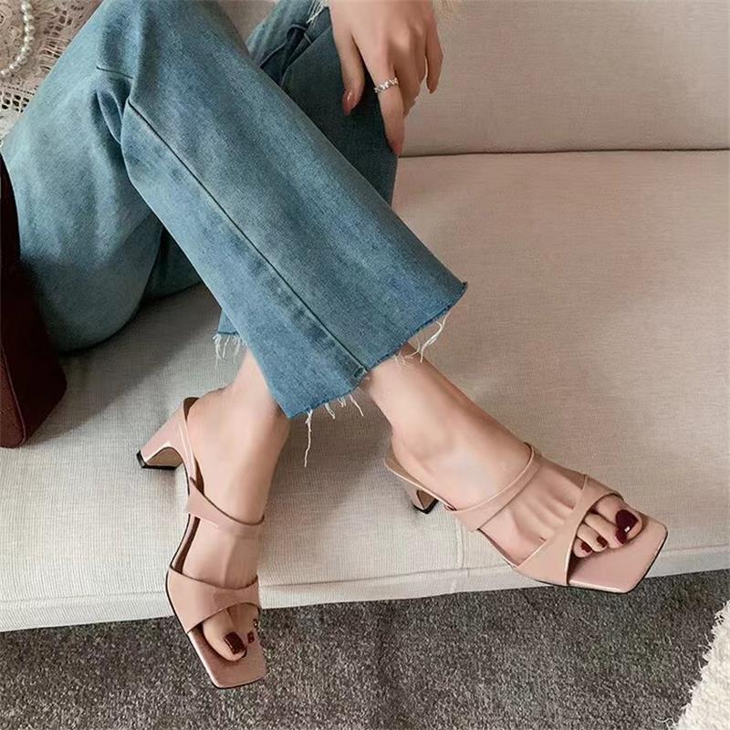 Women Slippers Fashion High Heel Simple Design Versatile Triple Black Apricot Free shipping