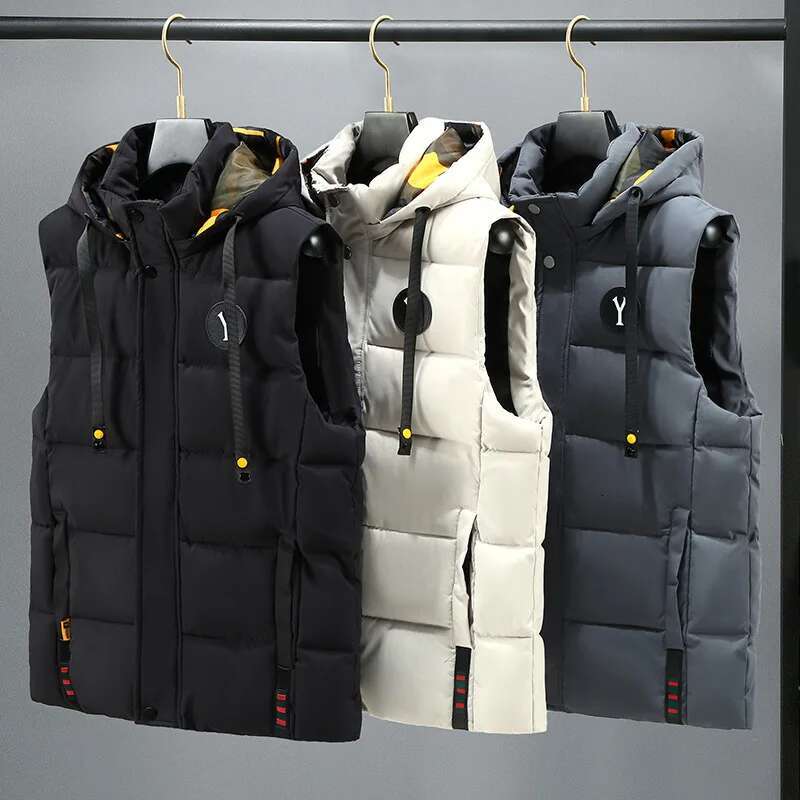 #3639 Autumn Winter Vests For Men Black Beige Gray Down Cotton Hooded Vest Zipper Straight Sleeveless Jackets Hat Detachable 5XL
