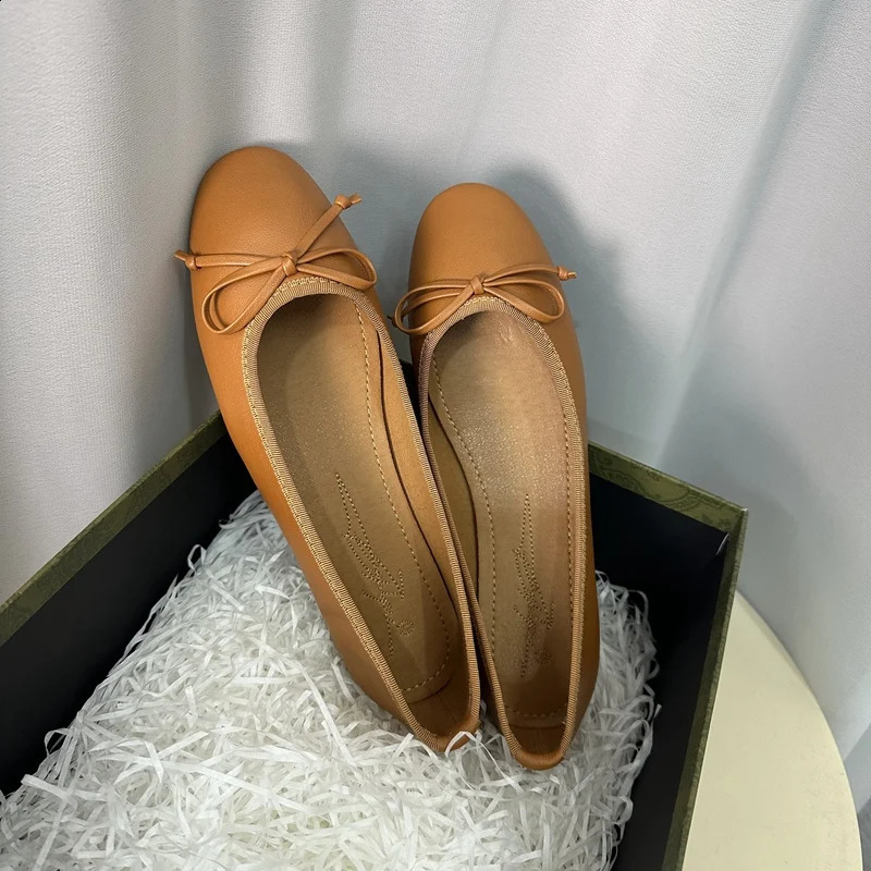 Ballerina Womens Flat Shoes Comfort Non-slip Ladies Loafers Leather Flats Elegant Bowknot Womens Single Shoes Fashion 250214