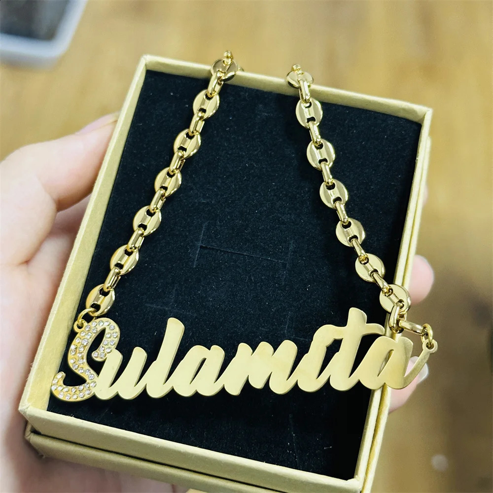 Customized name necklace personalized coffee bean chain stainless steel letter pendant mens and womens jewelry 250214