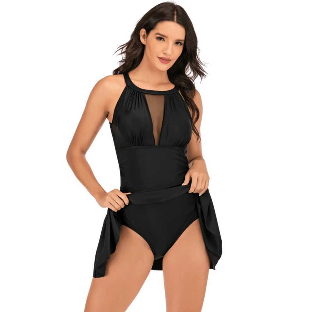Womens one-piece swimsuit 2024 new swimsuit short ultra-thin mesh hollow design solid black/red/dark blue swimsuit plus sizeW250214