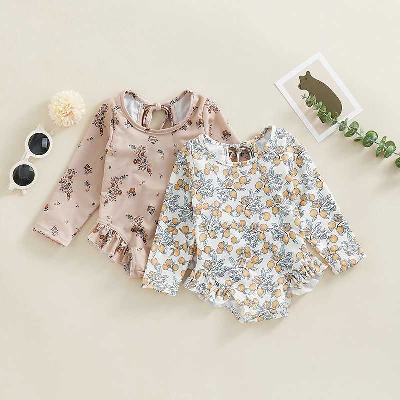Kids Girl Summer Swimsuits Floral Print Long Sleeve Ruffles Jumpsuit Children Swimwear Beachwear Bathing SuitsXJ250214